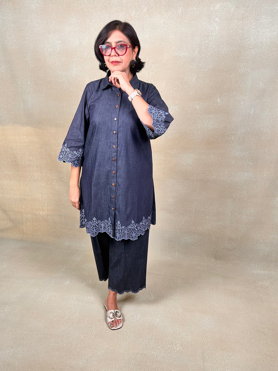 Denim Grey Ornate Luxe Modest Co-Ord Set With Scarf
