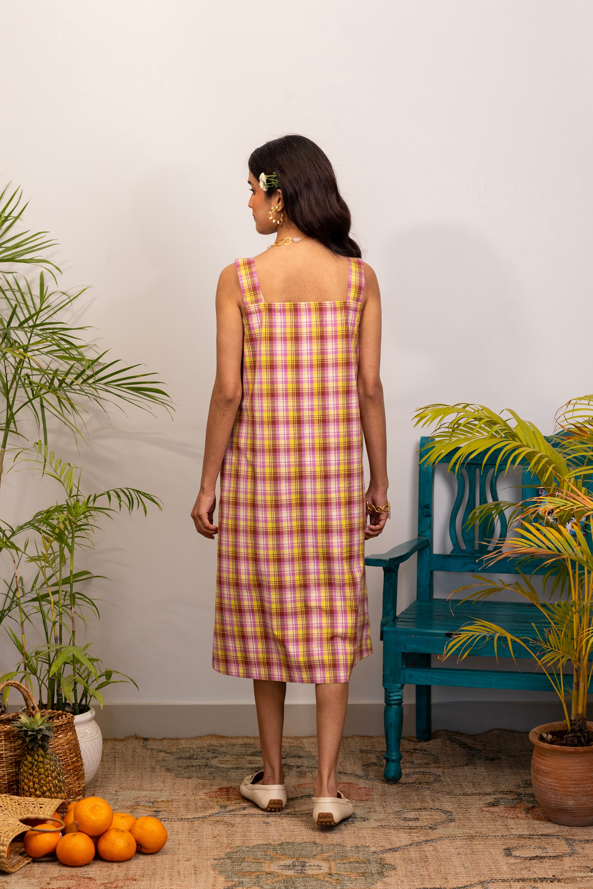 Sunrise Check Dress with Floral Overlay