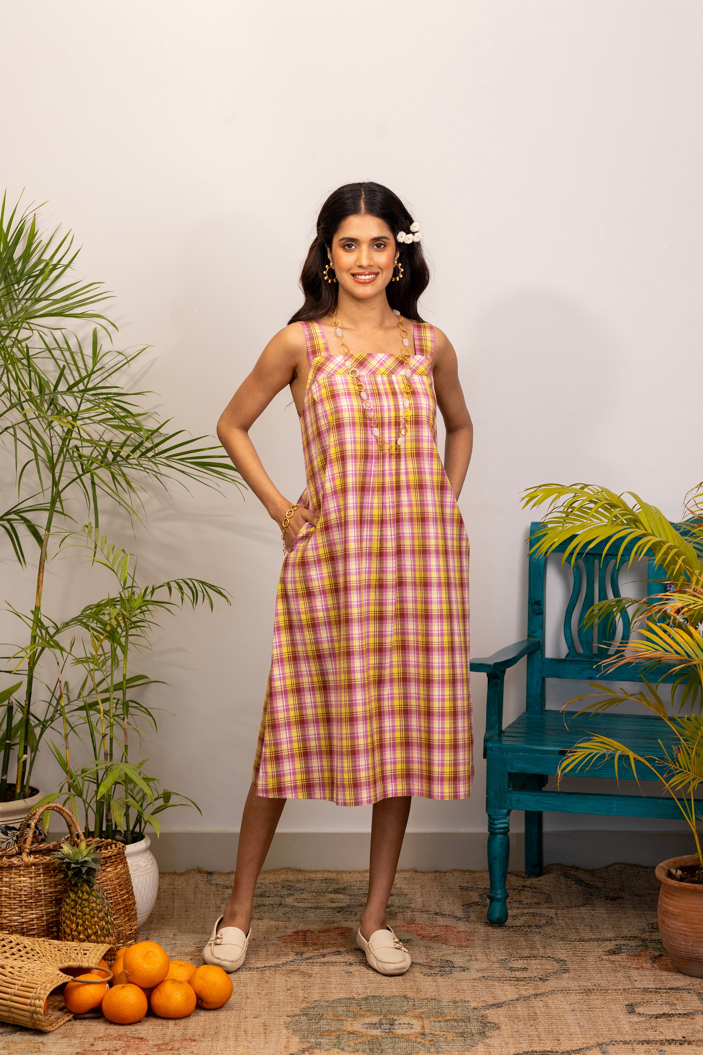 Sunrise Check Dress with Floral Overlay