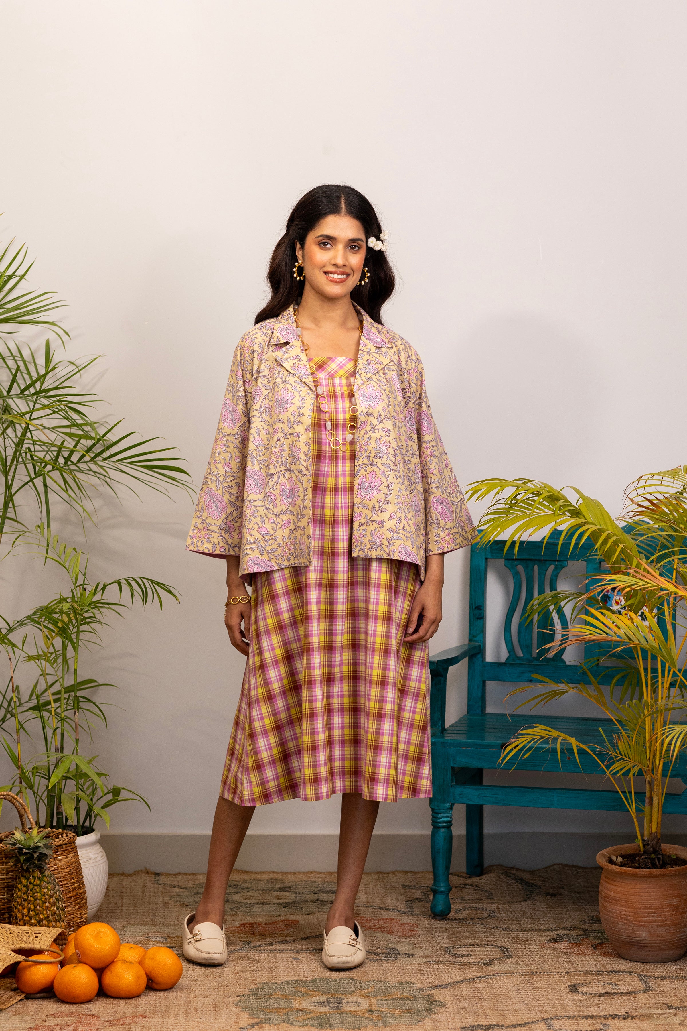 Sunrise Check Dress with Floral Overlay