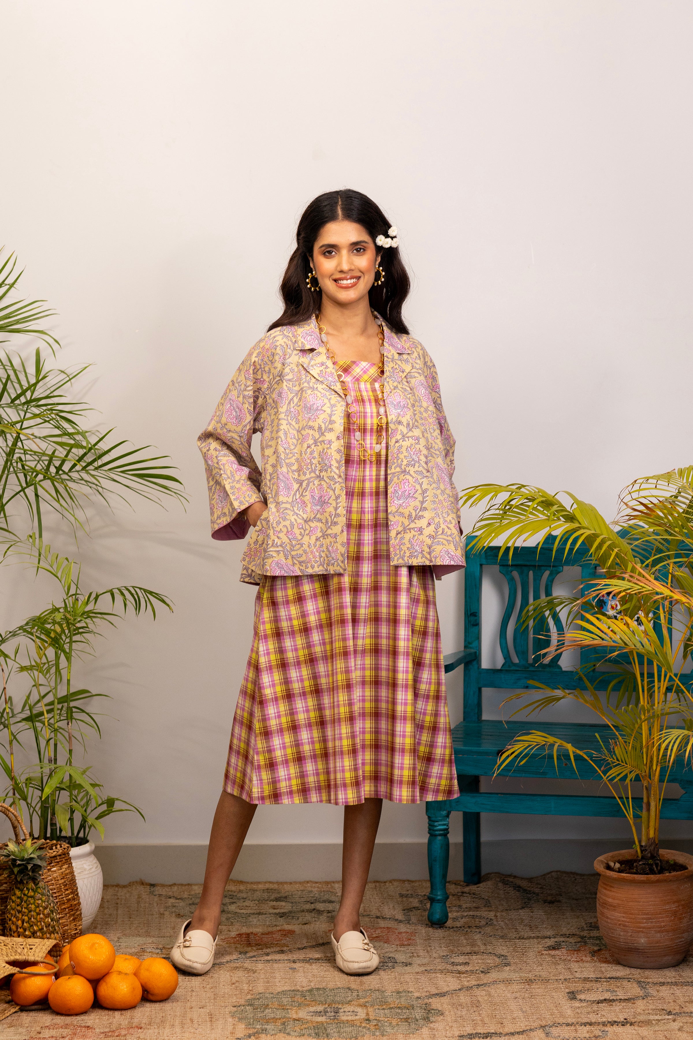 Sunrise Check Dress with Floral Overlay