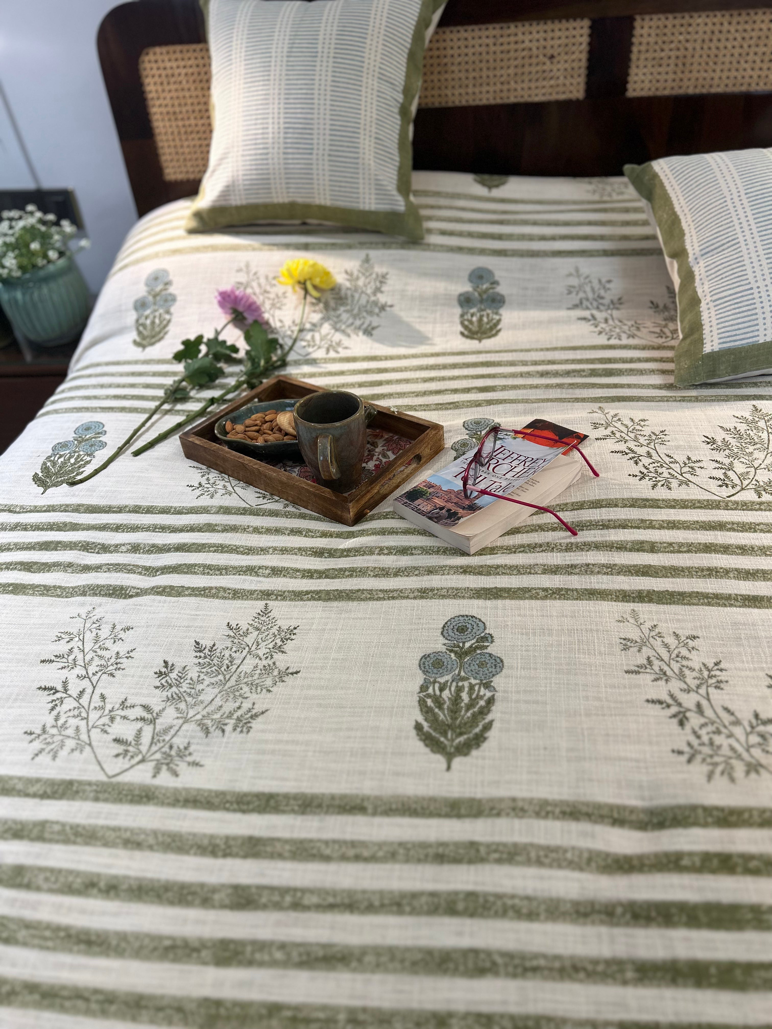 Green Fern And Flower Bedcover Set