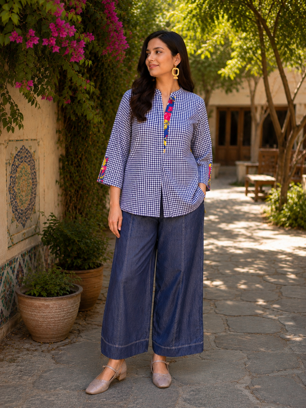 Indigo Check Top