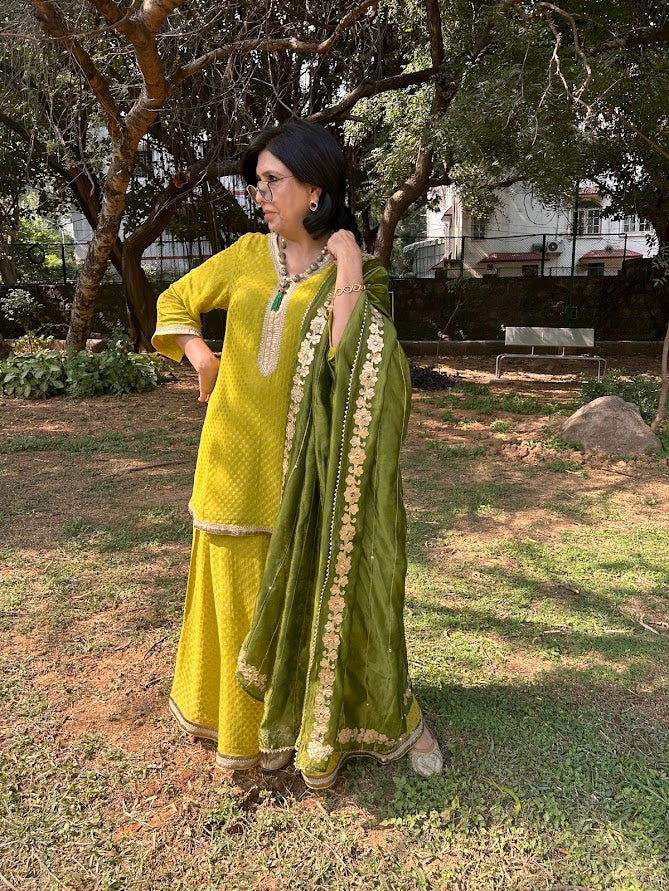 Lime Green Banarasi Kurti Sharara