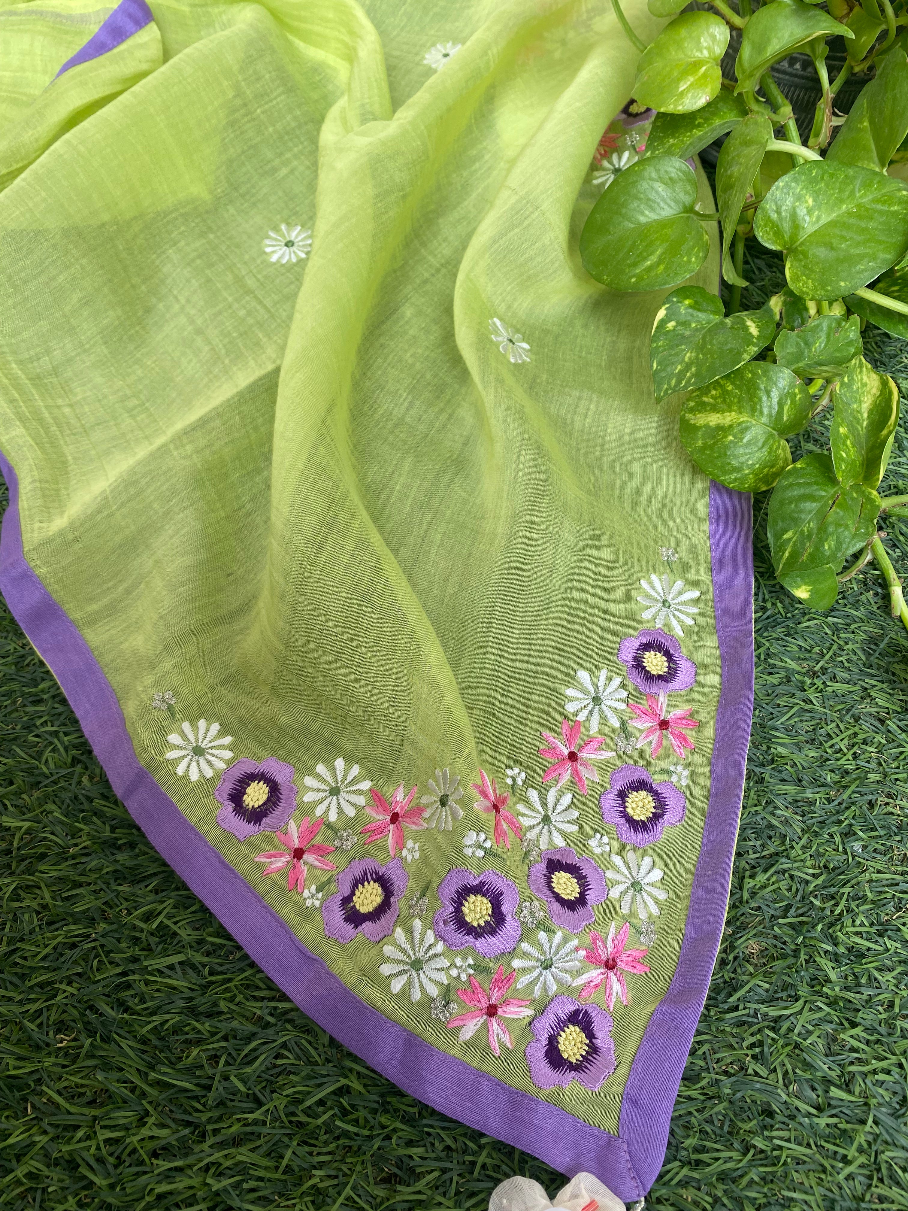 Parakeet Embroidered Muslin Dupatta