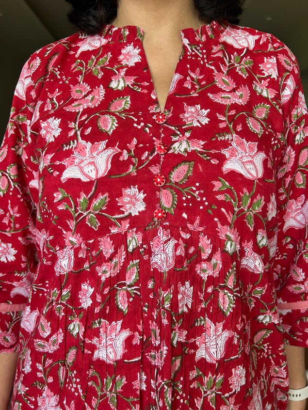 Red Cotton Flowers Printed Co Ord Set