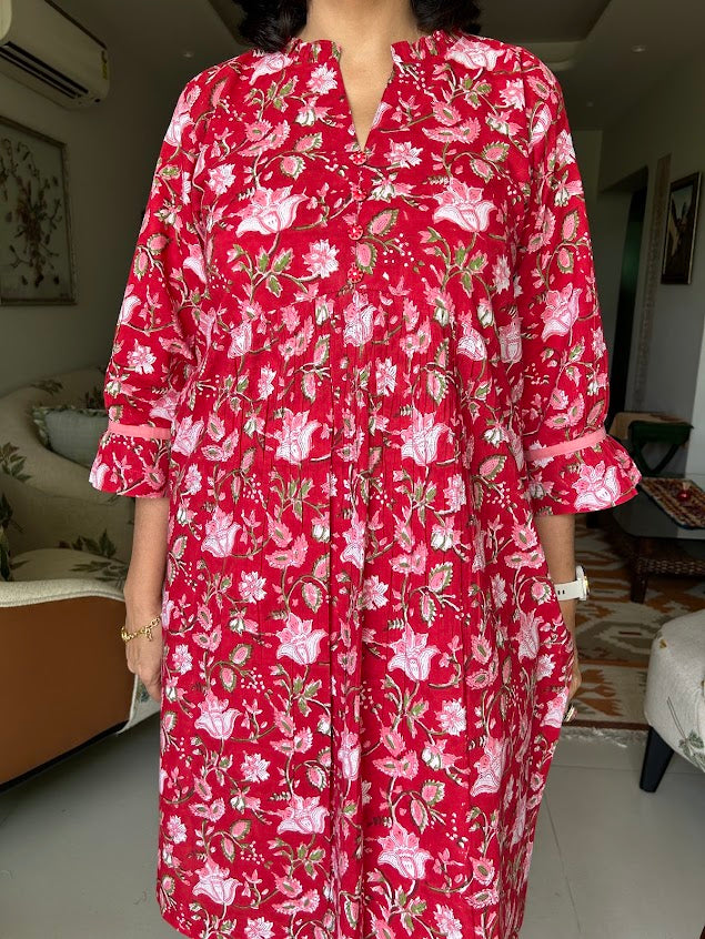 Red Cotton Flowers Printed Co Ord Set
