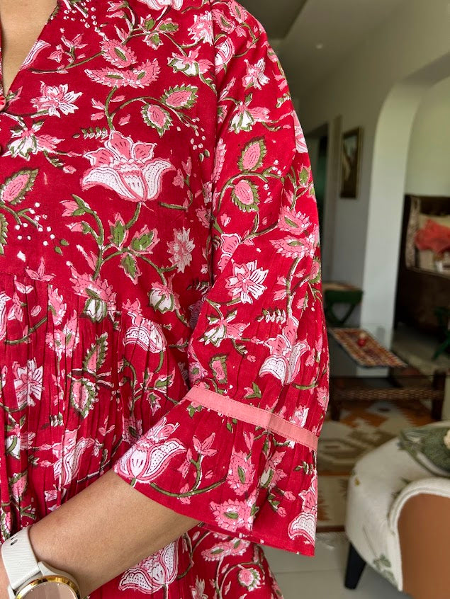 Red Cotton Flowers Printed Co Ord Set