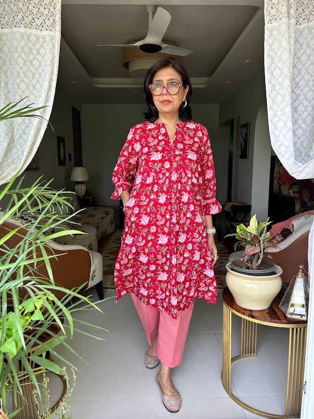 Red Cotton Flowers Printed Co Ord Set