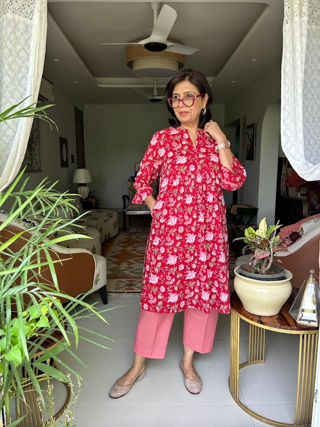 Red Cotton Flowers Printed Co Ord Set