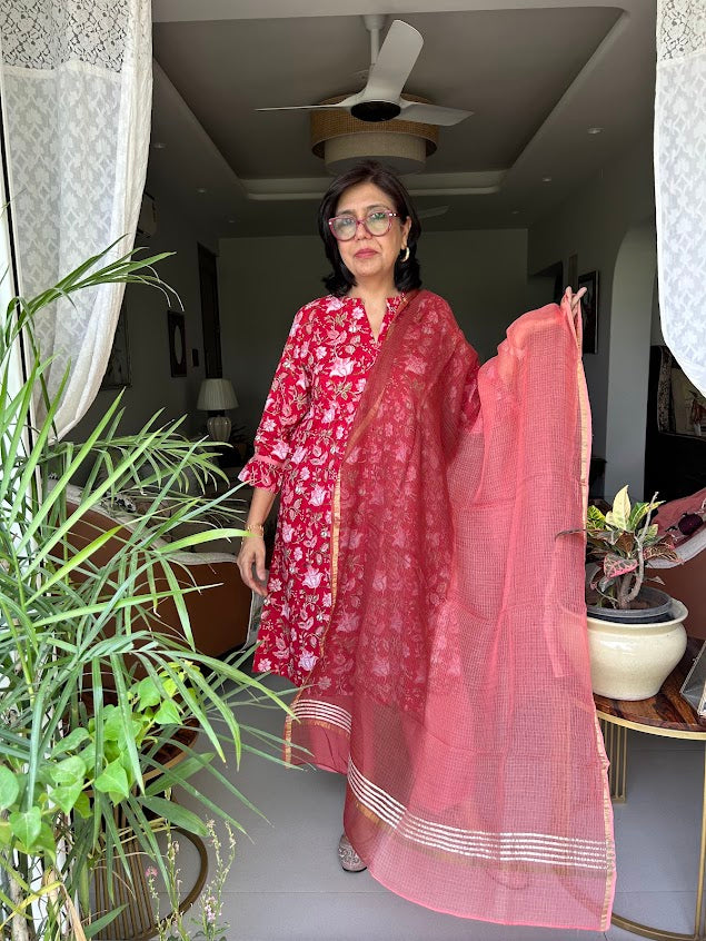 Red Cotton Flowers Printed Co Ord Set