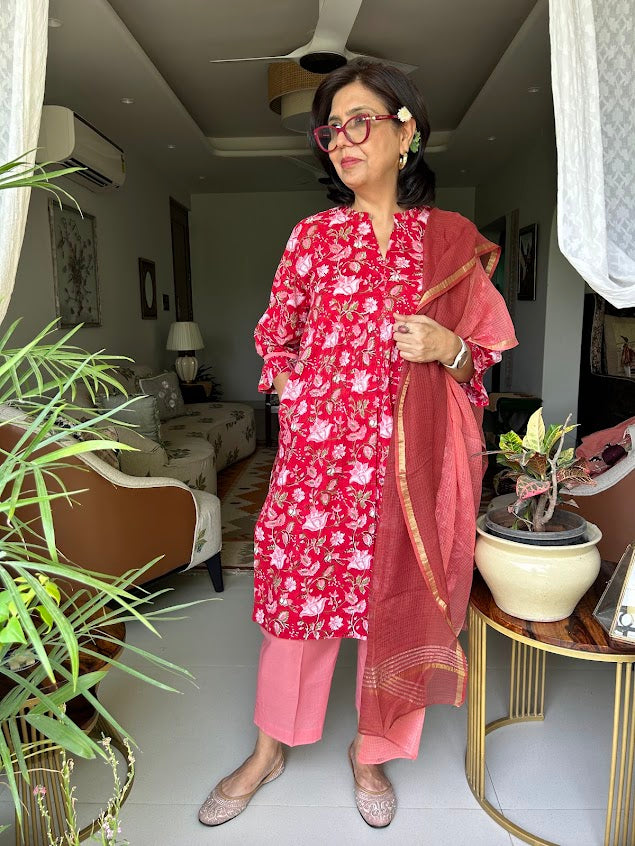 Red Cotton Flowers Printed Co Ord Set