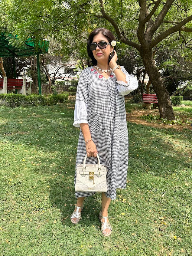 Checkered Cotton Dress With Appliqué