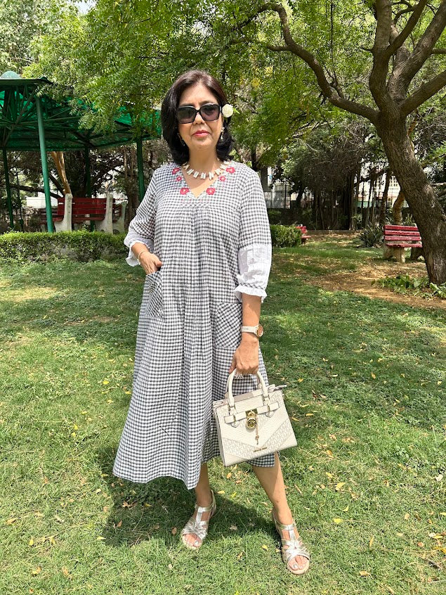 Checkered Cotton Dress With Appliqué