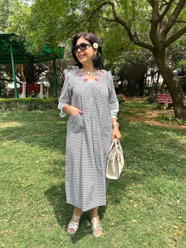 Checkered Cotton Dress With Appliqué