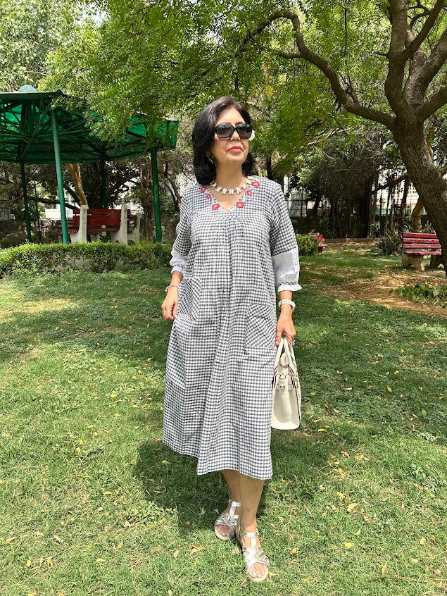 Checkered Cotton Dress With Appliqué