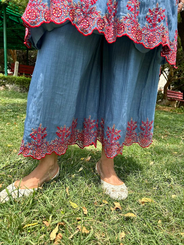 Blue Muslin Embroidered Co Ord Set
