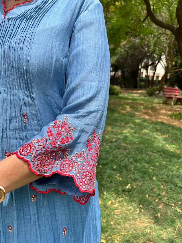 Blue Muslin Embroidered Co Ord Set