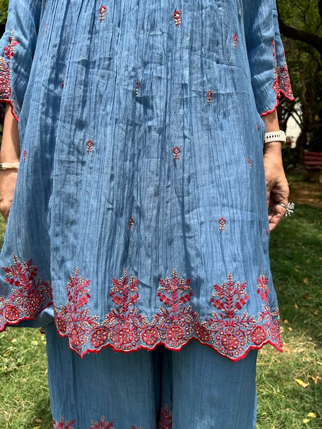 Blue Muslin Embroidered Co Ord Set