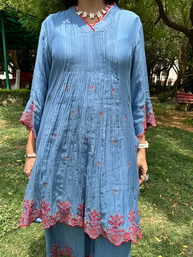 Blue Muslin Embroidered Co Ord Set