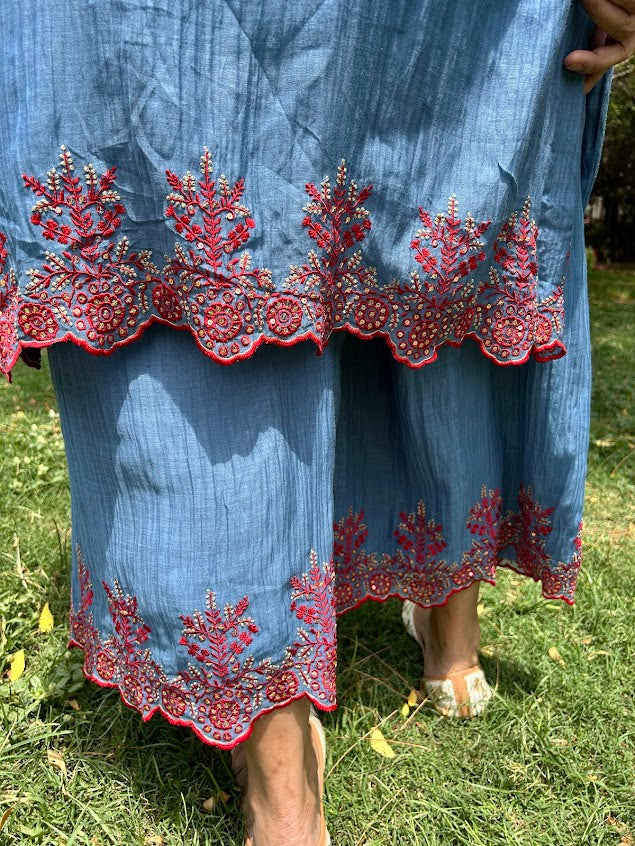 Blue Muslin Embroidered Co Ord Set