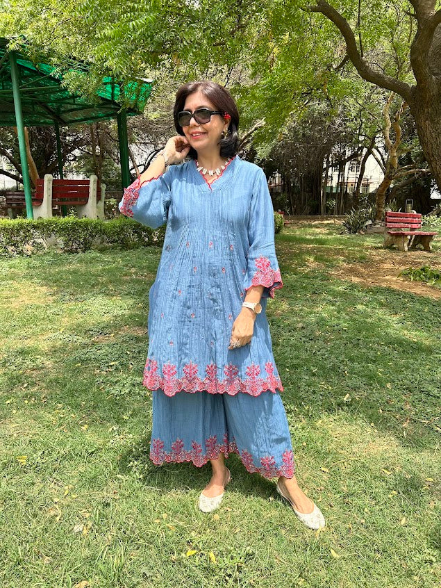 Blue Muslin Embroidered Co Ord Set