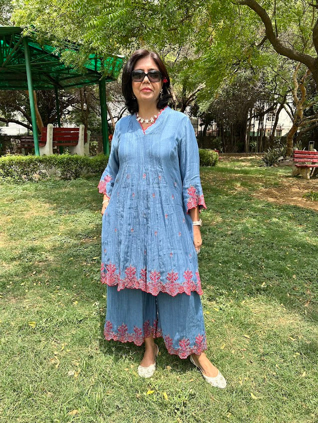 Blue Muslin Embroidered Co Ord Set