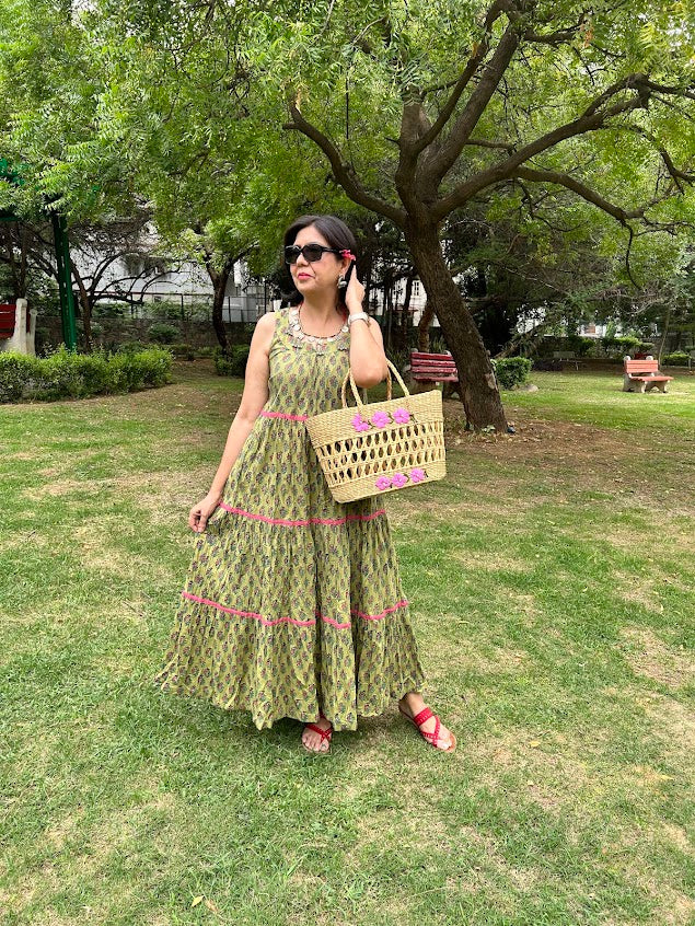Green Handblock Printed Panelled Dress