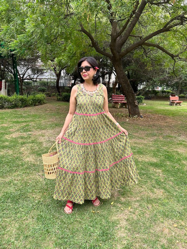 Green Handblock Printed Panelled Dress