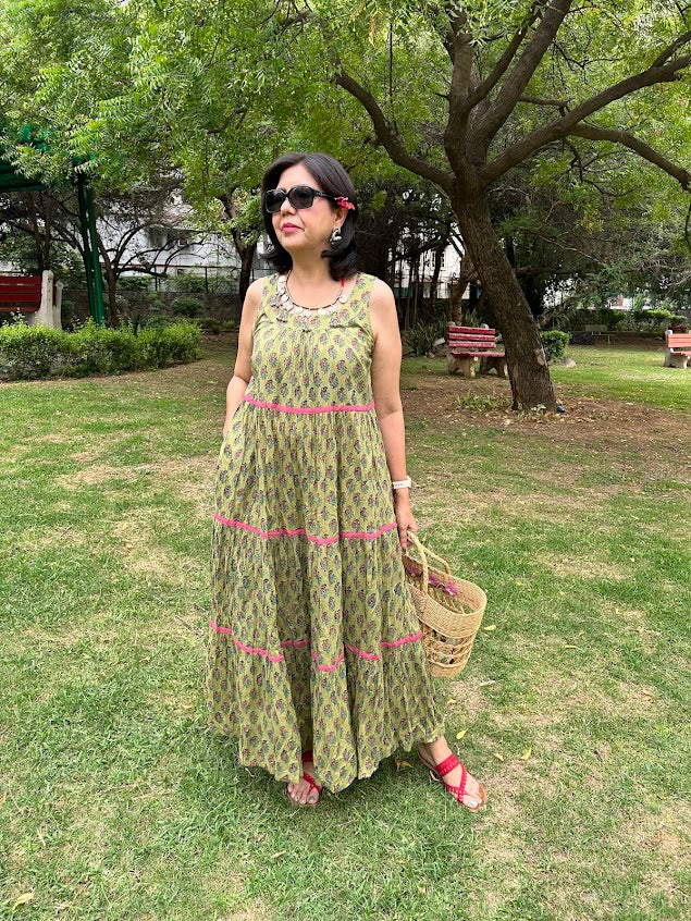 Green Handblock Printed Panelled Dress