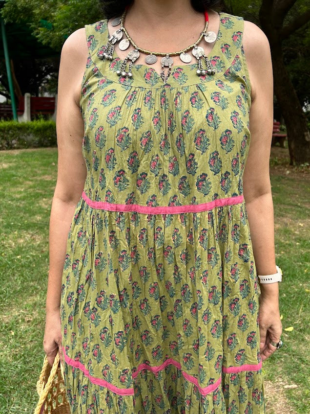 Green Handblock Printed Panelled Dress