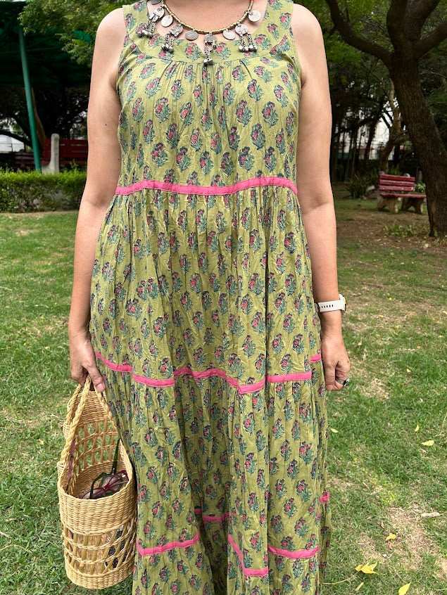 Green Handblock Printed Panelled Dress