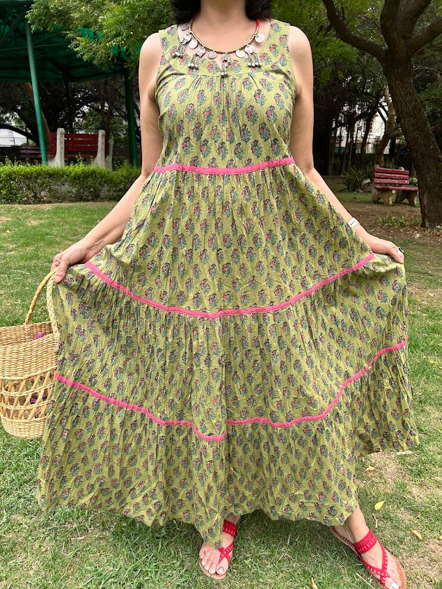 Green Handblock Printed Panelled Dress