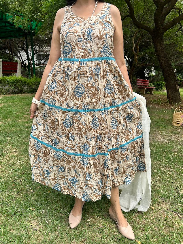 Beige Handblock Printed Panelled Dress
