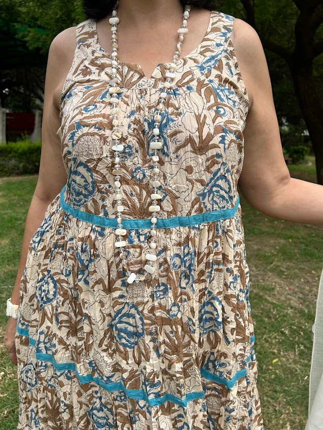 Beige Handblock Printed Panelled Dress