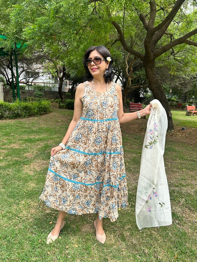 Beige Handblock Printed Panelled Dress
