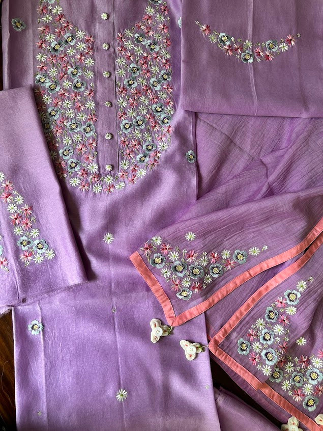 Orchid Chanderi Silk Embroidered Suit (Set Of 3)