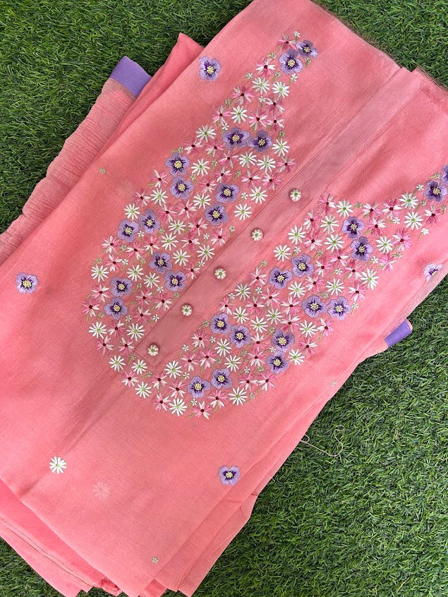 Salmon Chanderi Silk Embroidered Suit (Set Of 3)