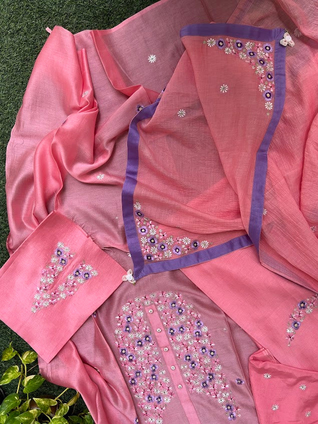 Salmon Chanderi Silk Embroidered Suit (Set Of 3)