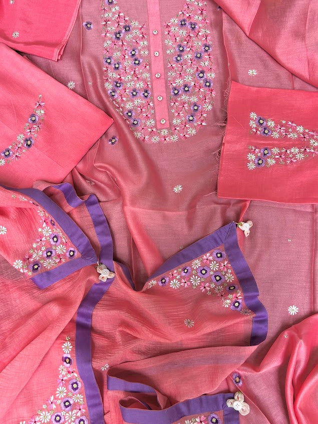 Salmon Chanderi Silk Embroidered Suit (Set Of 3)
