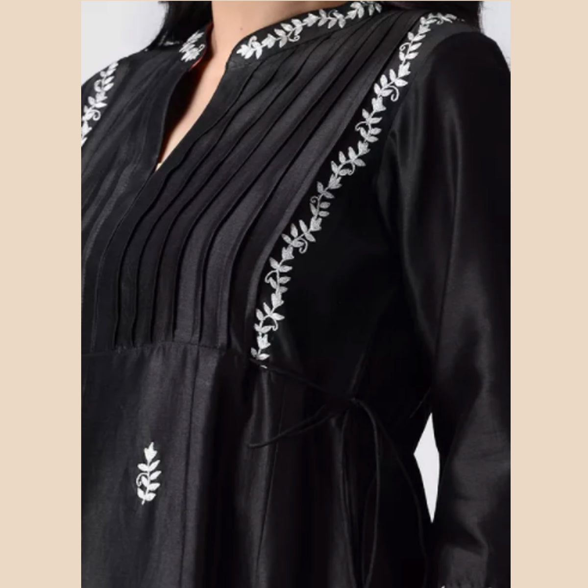 Black Pintuck Hand embroidered Chanderi Silk Kurta
