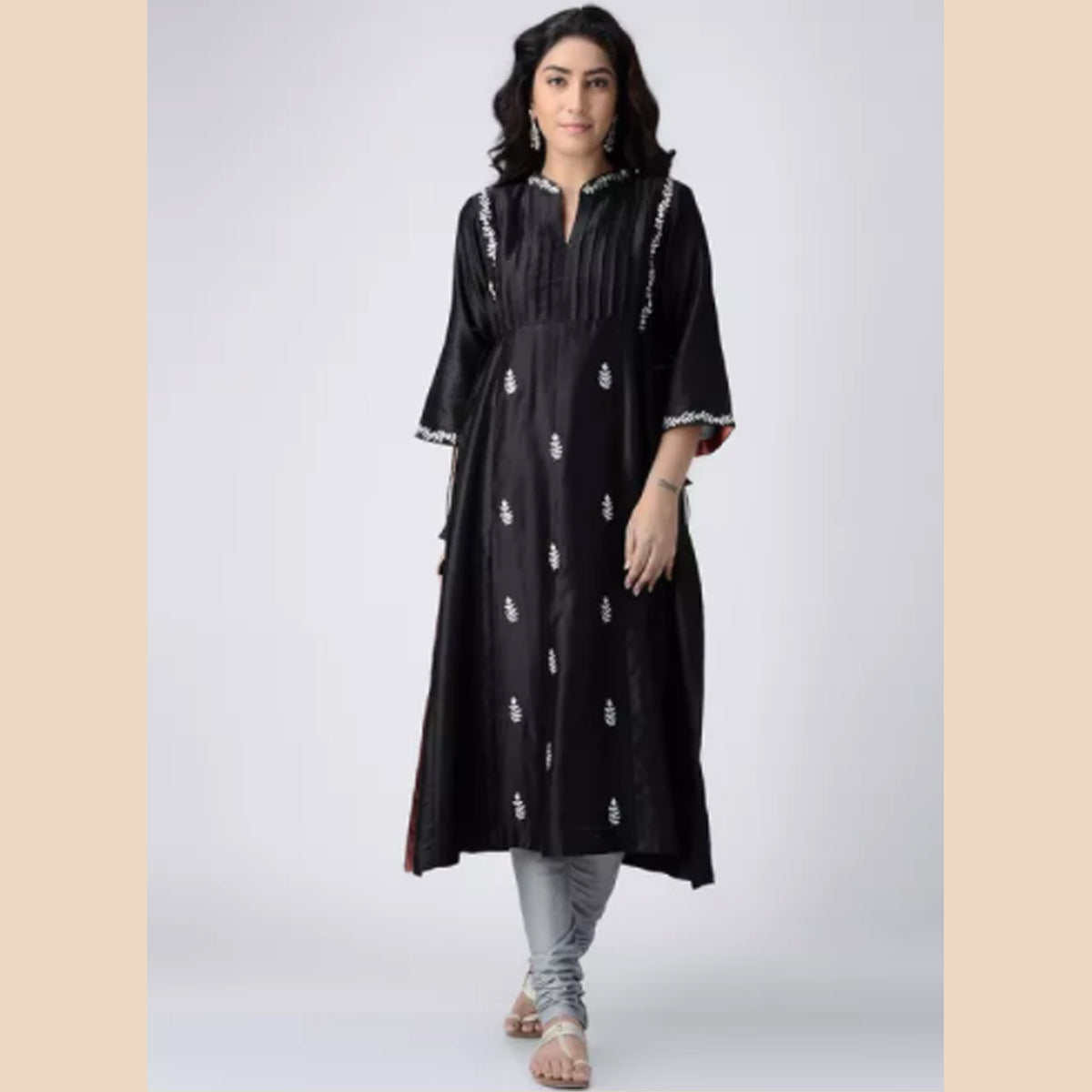 Black Pintuck Hand embroidered Chanderi Silk Kurta with Pant
