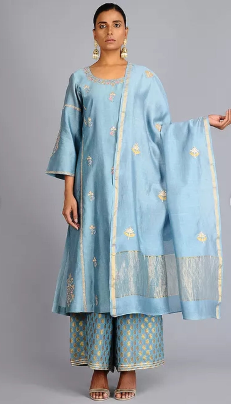 Blue Gota embroidered Chanderi silk suit set with dupatta