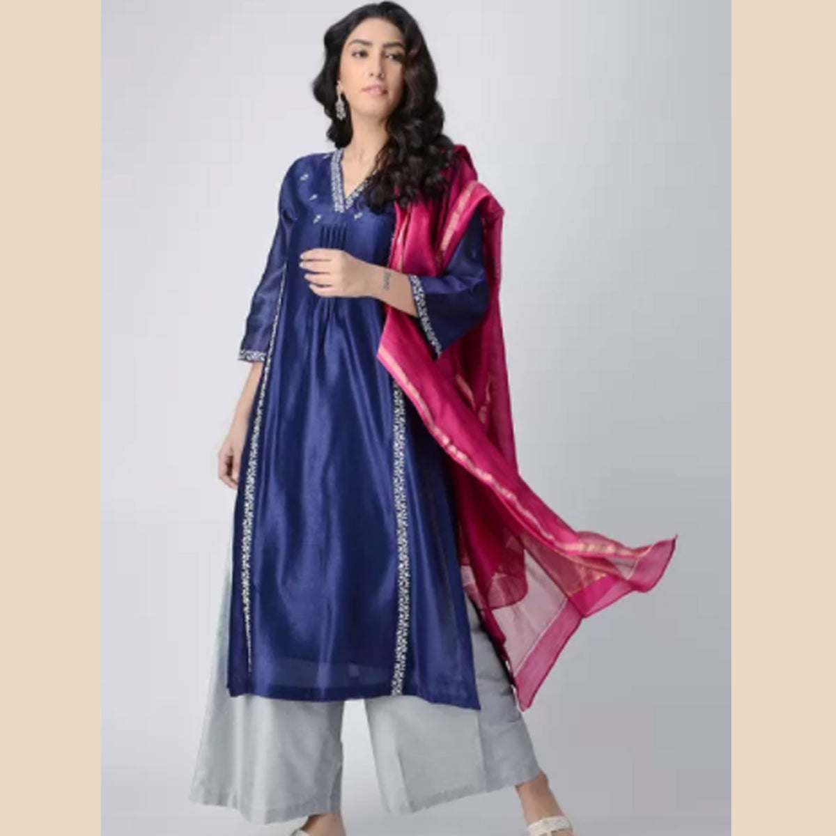 Indigo Pintuck Hand embroidered Chanderi Silk Kurta