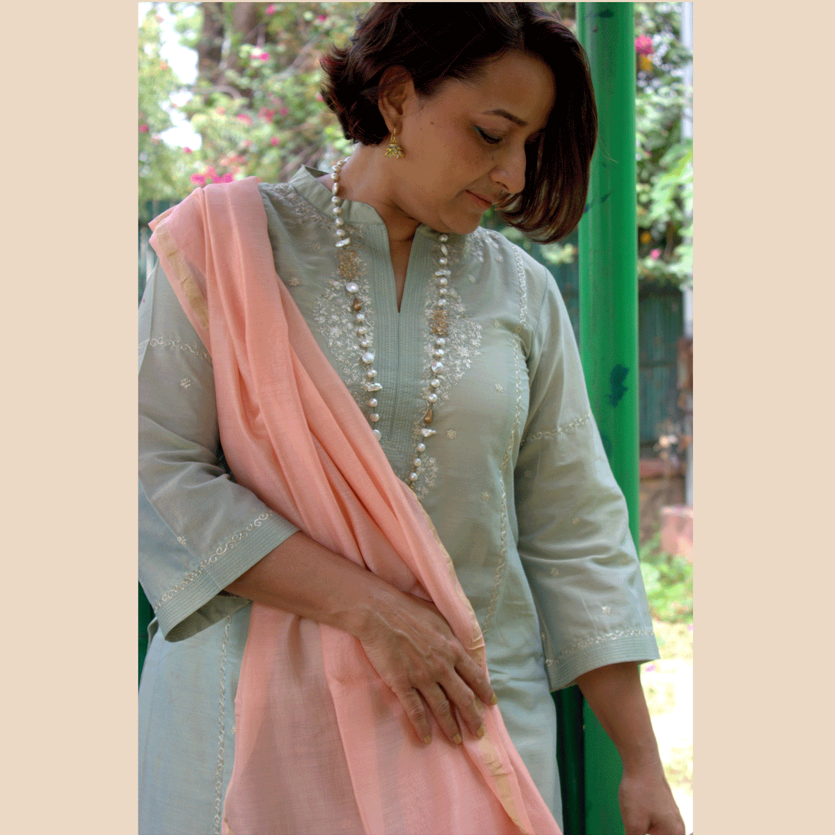 Silver Pea Chanderi Silk Kurta with Pant and Dupatta Set
